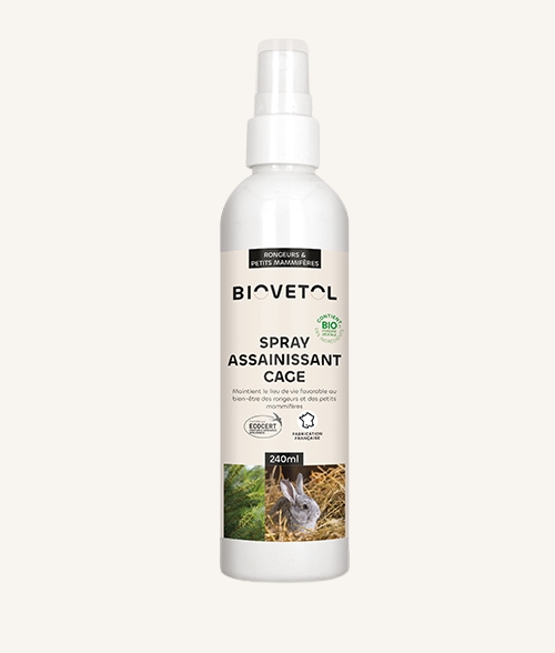 Spray Assainissant cage Biovetol – spray apaisant bio pour habitat de rongeurs, lapins, cochons d’Inde, chinchillas et octodons