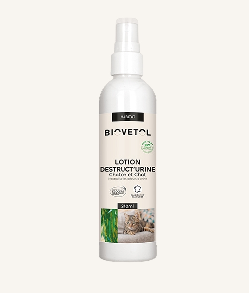 Lotion Destruct’urine Biovetol – soin bio contre les odeurs d’urine de chat pour intérieur et extérieur
