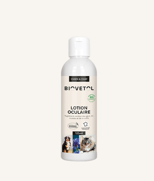 Lotion oculaire Biovetol – soin nettoyant naturel pour chiens et chats à base d’eaux florales bio