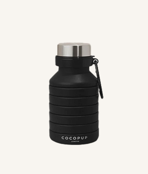 Gourde pliable pour chien en silicone noir – compacte, 500 ml, avec couvercle inox