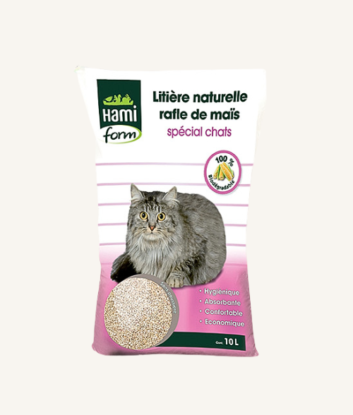 Litière pour chat à base de rafle de maïs. Marque Hamiform. Fabriqué en France.