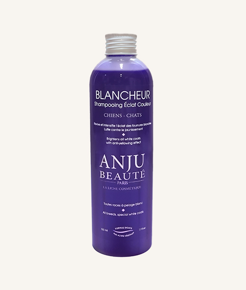 Shampoing pour chien et chat au poils blanc qualité professionnel de la marque Anju Beauté