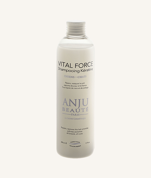 Shampoing pour chiens et chats à la kératine pour renforcer le poil cassant et réparer. Marque Anju beauté