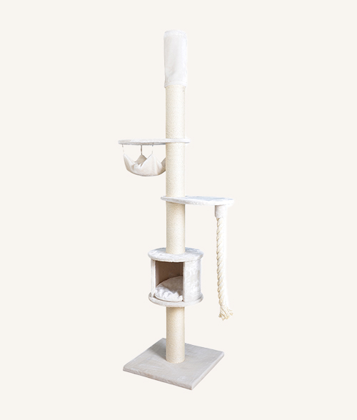 Arbre à chat Chester beige. Corde, cachette, hamac, s'adapte au plafond. Marque Ebi