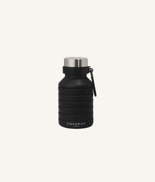 Gourde pliable pour chien en silicone noir – compacte, 500 ml, avec couvercle inox