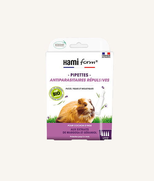 Pipette antiparasitaire naturel avec des ingrédient certifié Bio pour cochon d'inde de la marque Hamiform. Fabriqué en France.