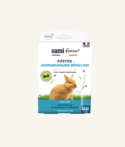 Pipette antiparasitaire naturel avec des ingrédient certifié Bio pour lapin de la marque Hamiform. Fabriqué en France.