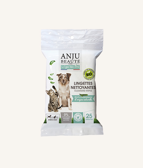 Lingette naturelle pour le nettoyage des chiens et des chats 100% biodégradable à base d'Aloa vera marque Anju Beauté