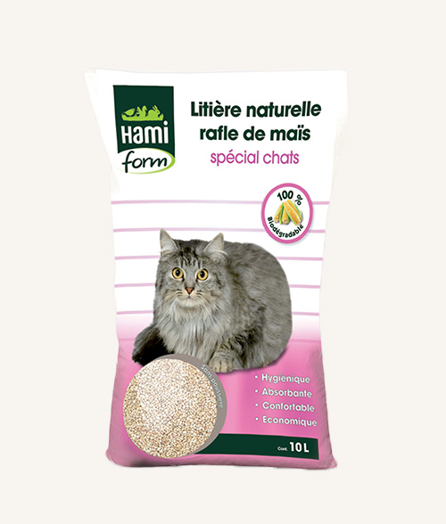 Litière pour chat à base de rafle de maïs. Marque Hamiform. Fabriqué en France.