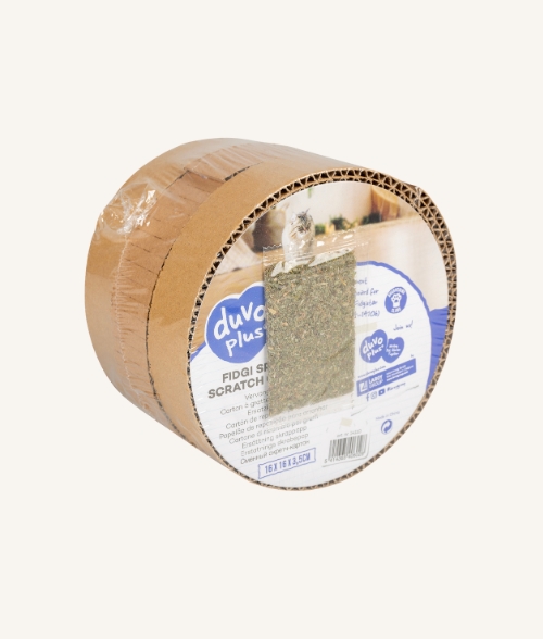 Recharge pour griffoir ludique rond avec un sachet d'herbe à chat fourni. Marque Laroy Group Duvo+