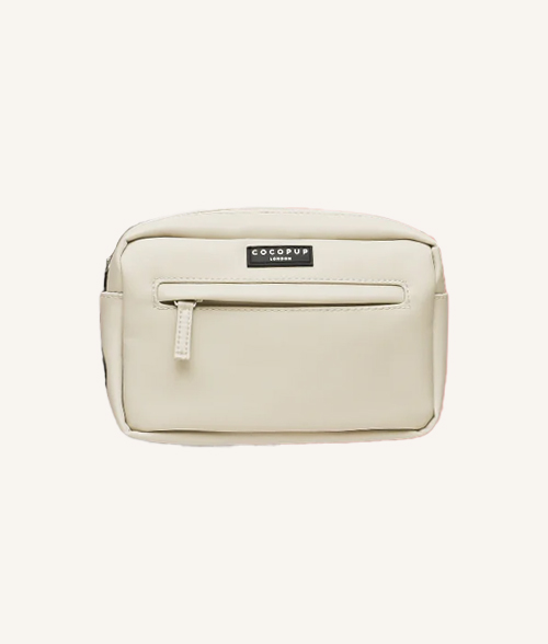 sac de promenade pour chien beige avec zip et attache en métal et distributeur de sac à crotte