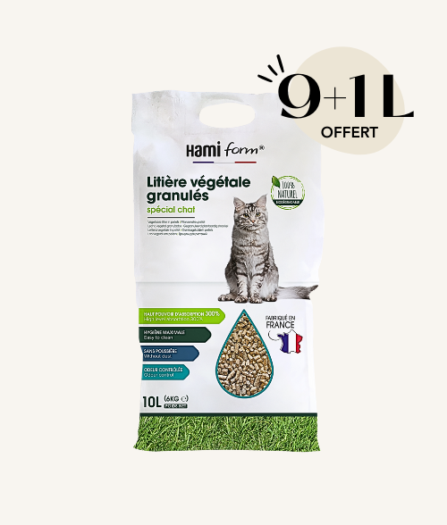 Litère naturelle pour chat de la marque Hamiform en granulés de bois à base de chanvre, bois, mais.
