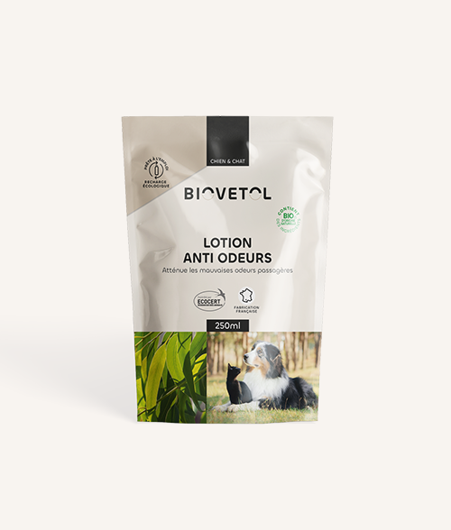 Recharge lotion Anti-odeurs Biovetol – soin sans rinçage bio pour neutraliser les odeurs de chien et chat